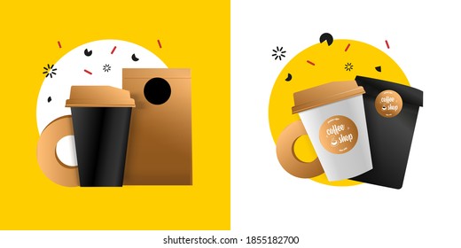 Beverage package mockup design concept for branding. Black and white coffee cup, package, sugar, geometry shape. Modern vector illustration 