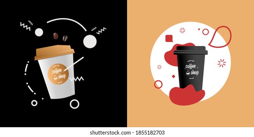 Beverage package mockup design concept for branding. Black and white coffee cup, package, sugar, geometry shape. Modern vector illustration 