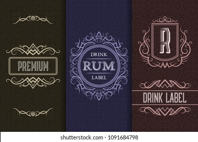 Beverage packaging design. Set of alcohol drink bottles labels.