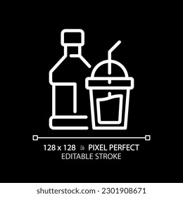 Beverage pixel perfect white linear icon for dark theme. Soft drink. Glass bottle. Cocktail party. Product category. Thin line illustration. Isolated symbol for night mode. Editable stroke
