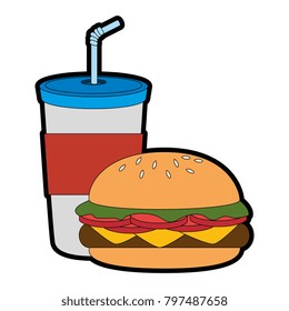 beverage in plastic cup with burger