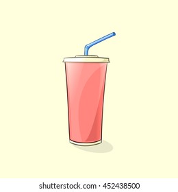 Beverage plastic cup with straw in cartoon style. Vector illustration