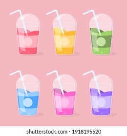 Beverage in plastic glass packaging. fruit juice. various colors in one bundle set. empty space in the middle of a plastic cup. for the logo or brand. vector design