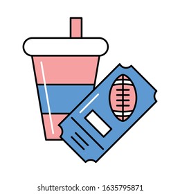 beverage in plastic pot with american football ticket vector illustration design