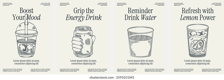 Beverage poster set with minimal line art, featuring ice coffee, energy drink, water, lemonade, and a refreshing composition.