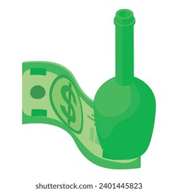 Beverage production icon isometric vector. Opened wine bottle on dollar banknote. Drink production, business, hobby