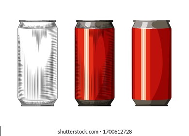 Beverage Red Can Isolated On White Background. Hand Drawn Beer Can Template. Vintage Engraved Style Vector Illustration. Design For Pub Menu, Cards, Posters, Prints, Packaging.