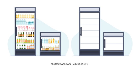 Beverage refrigerators with and without bottles. Supermarket merchandise equipment, transparent glass door. Empty and full store vertical fridge, cartoon flat isolated illustration vector concept