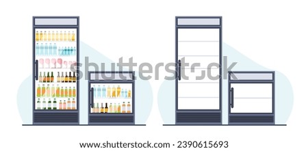Beverage refrigerators with and without bottles. Supermarket merchandise equipment, transparent glass door. Empty and full store vertical fridge, cartoon flat isolated illustration vector concept