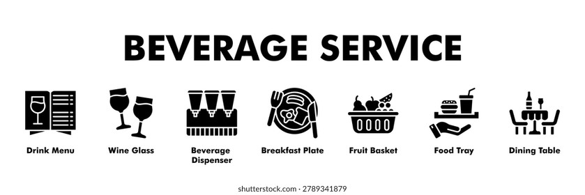 BEVERAGE SERVICE web banner icon vector illustration concept for business with icon of Drink Menu, Wine Glass, Beverage Dispenser, Breakfast Plate, Fruit Basket, Food Tray, Dining Table