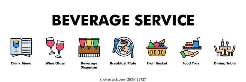 BEVERAGE SERVICE web banner icon vector illustration concept for business with icon of Drink Menu, Wine Glass, Beverage Dispenser, Breakfast Plate, Fruit Basket, Food Tray, Dining Table