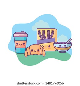 beverage with set food in landscape kawaii style