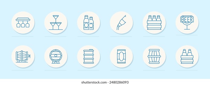Beverage set icon. Bottles, barrel, glasses, and beer. Drink, alcohol, brewing, and bar concept.
