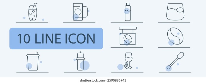 Beverage set icon. Cocktail, coffee machine, water bottle, whiskey glass, coffee bean, takeaway cup, protein shaker, coffee jar, wine glass, spoon.
