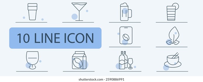 Beverage set icon. Coffee cup, martini, beer mug, cocktail, coffee packaging, tea leaf, wine glass, coffee carton, drinking glass, Asian soup bowl.