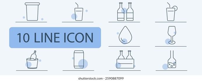 Beverage set icon. Coffee cup, smoothie, bottled drink, cocktail, hydration, wine glass, alcohol, soft drink, juice, refreshment.