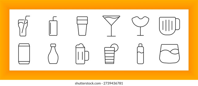 Beverage set icon. Juice, smoothie, cocktail, coffee cup, milk bottle, soda can, glass with lemon, reusable bottle, beer mug, wine glass, drinkware, refreshment, bar