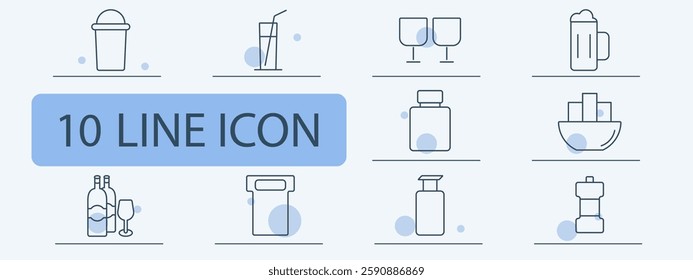 Beverage set icon. Smoothie, juice, wine glasses, beer mug, cocktail, bottle, soft drink, glass container, spice grinder, dining.