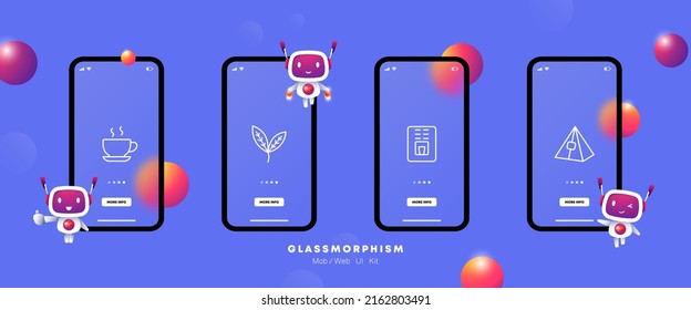 Beverage set icon. Tea, mug, glass, coffee machine, tea bag, coffee, latte, cappuccino, americano. Hot drink concept. Glassmorphism. UI phone app screen with robots. Vector line icon for Business