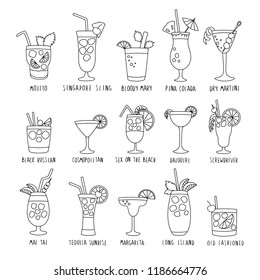 Beverage set with the names of the coctails drinks isolated on white background, doodles, hand drawn style. Vector illustration.