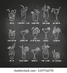Beverage set with the names of the coctails drinks isolated on chalkboard background doodles hand drawn style outlines. Vector illustration.