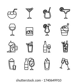 Bebida Signo negro línea delgada conjunto de iconos incluye cóctel, Martini, cerveza y licor. Iconos vectoriales