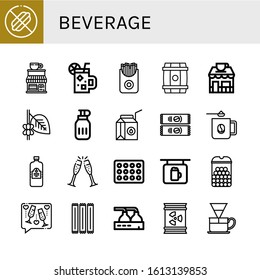 beverage simple icons set. Contains such icons as No food, Coffee shop, Cocktail, French fries, Barrel, Coffee, Water bottle, Milk box, Instant coffee, can be used for web, mobile and logo