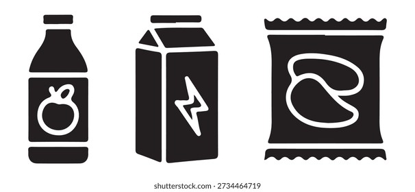 Beverage and Snack Package Icon Set with Bottle, Carton and Bag Designs.
