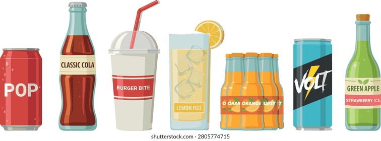 Beverage and Soft Drink Vector Icon Set with Cola Bottle Pop Can Lemon Fizz Energy Drink Juice Multipack and Fast Food Cup.eps