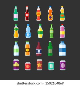 Beverage soft and energy soda drinks vector flat illustration set. Drink bottle and can set. Bottle with beverage and drink water in glass and plastic bottle.