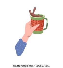 Beverage splash in cup of coffee or hot chocolate drink. Isolated hand holding tasty cappuccino in mug, served portion in cafe or restaurant. Americano or espresso. Vector in flat cartoon style