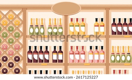 Beverage store with shelves full of wine, champagne, and other drinks, displayed in a storefront window. Cartoon flat style with colorful, organized bottles.