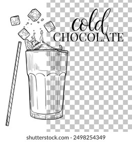 Beverage with a straw and ice cubes. Vector hand drawn glass of milk chocolate. Drinks assets ready to use and easy to edit. Black outline, no fill, with fine details. 