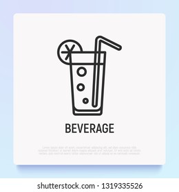 Beverage with straw and lemon thin line icon. Modern vector illustration.