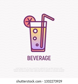 Beverage with straw and lemon thin line icon. Modern vector illustration.