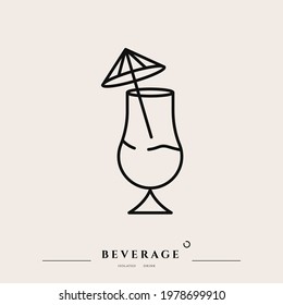 Beverage thin line icon. Minimal summer alcohol cocktail in glass for restaurant and design element. Thin outline and editable stroke. Beverage isolated on beige background. Vector cocktail icon