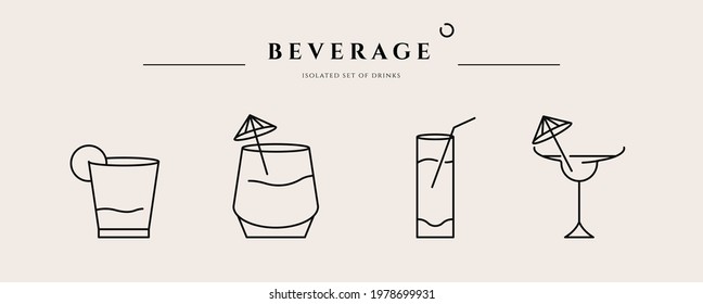 Beverage thin line icon. Minimal summer alcohol cocktail in glass for restaurant and design element. Thin outline and editable stroke. Beverage isolated on beige background. Vector cocktail icon