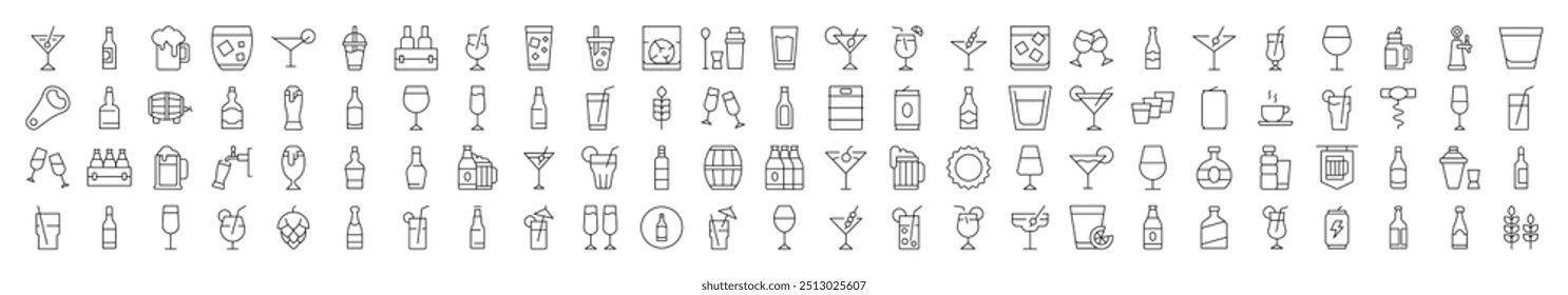 Conjunto de ícones de linha fina de bebidas. Traço editável. Adequado para banners, cartões, redes sociais, aplicativos 