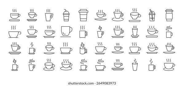 Conjunto de ícones de linha fina de bebidas. Placas de estrutura de tópicos para design gráfico e web, aplicativos, anúncios, várias cartas 
