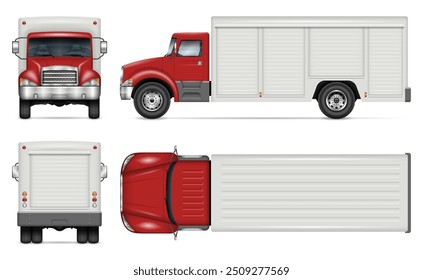 Beverage truck vector mockup on white for vehicle branding, corporate identity. View from side, front, back, top. All elements in the groups are in separate layers for easy editing and recolor.