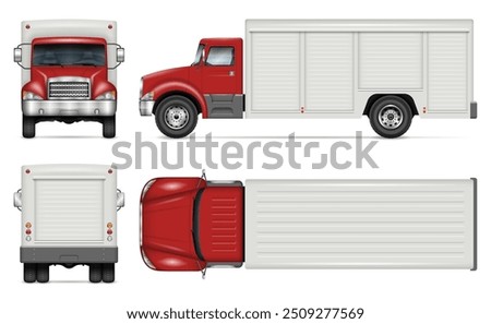 Beverage truck vector mockup on white for vehicle branding, corporate identity. View from side, front, back, top. All elements in the groups are in separate layers for easy editing and recolor.
