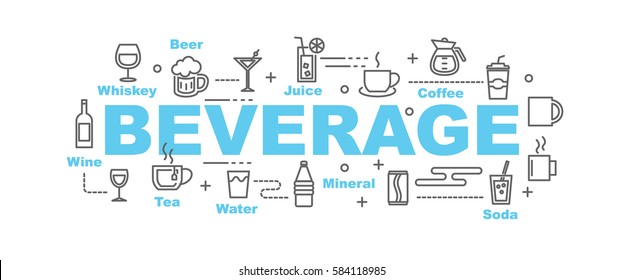 beverage vector banner design concept, flat style with thin line art icons on white background
