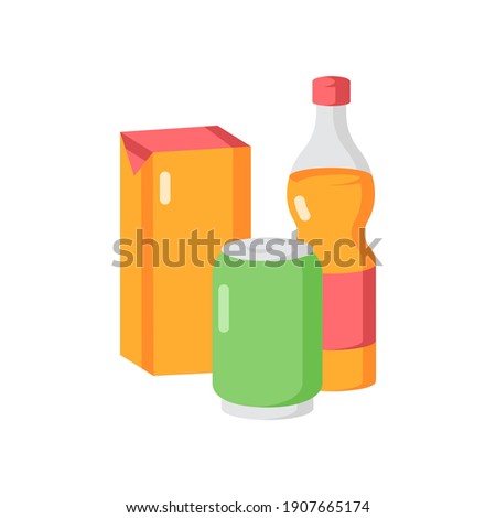 Beverage vector flat color icon. Sparkling water in glass bottle. Soda in aluminium can. Juice in package. Various soft drinks. Cartoon style clip art for mobile app. Isolated RGB illustration