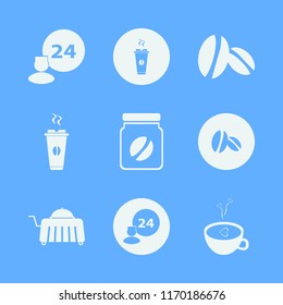 beverage vector icons set. with coffee jar, room service, coffee beans and hot coffee in set