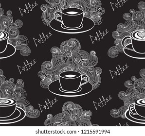 Beverage vector seamless pattern with the cups with aromathic coffee, "handwritten on grey chalkboard" effect