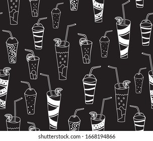 Beverage vector seamless pattern with fresh juicy drinks in glasses
