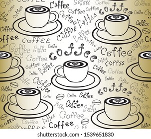 Beverage vector seamless pattern with hand drawn coffee cups and the words “coffee”, old paper effect