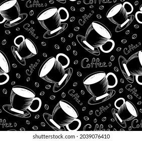 Beverage vector seamless pattern with hand drawn with chalk on a board hot coffee cups, coffee beans and the text