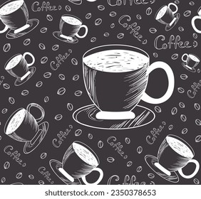 Beverage vector seamless pattern with hand drawn coffee cups and coffee beans. You can use it for cafe or restaurant advertisement