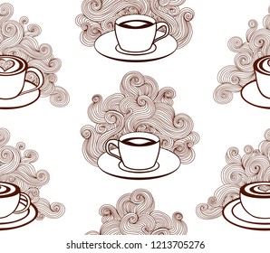 Beverage vector seamless pattern with handwritten cups with aromathic coffee, chocolate colors